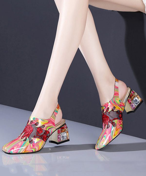 Floral Red Buckle Strap Breathable Mesh Splicing Chunky High Heels Cheap - Image 4