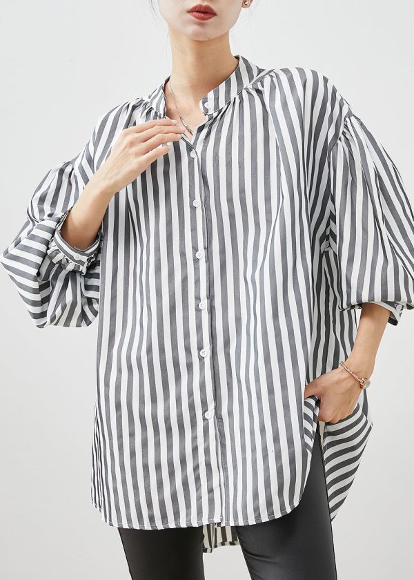 Modern Grey Oversized Striped Cotton Blouses Spring on Sale - Image 2