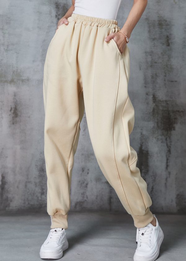 Beige Oversized Cotton Pants Elastic Waist Pockets Spring Online - Image 2