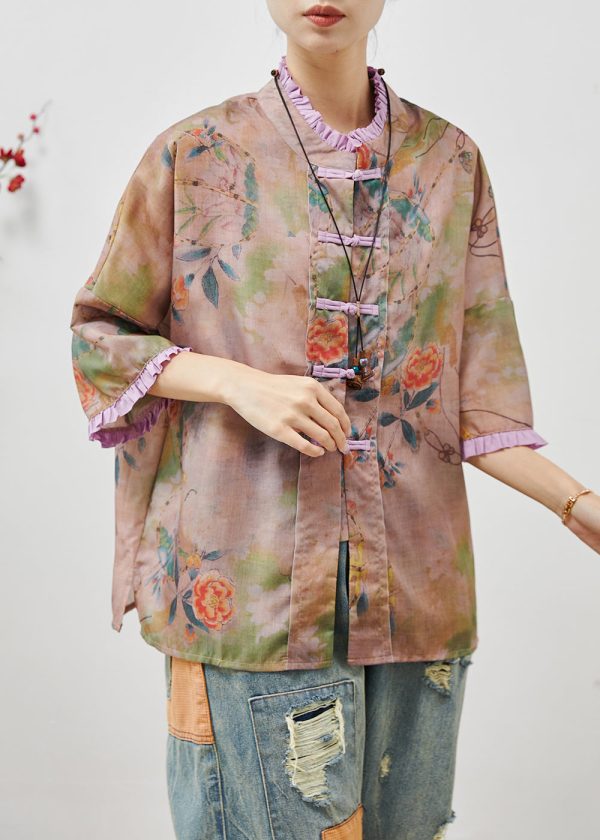 Art Khaki Ruffled Print Chinese Button Linen Blouse Tops Summer Discount - Image 3