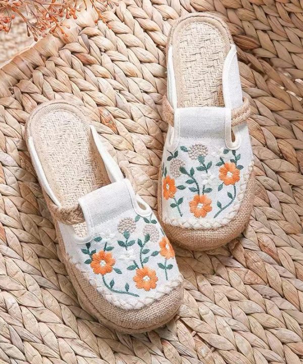 Boho Retro Black Linen Fabric Embroidery Slide Sandals on Sale - Image 2