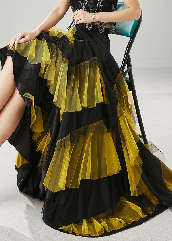 Boho Yellow Ruffled Patchwork Tulle Skirts Spring For Discount - Image 3