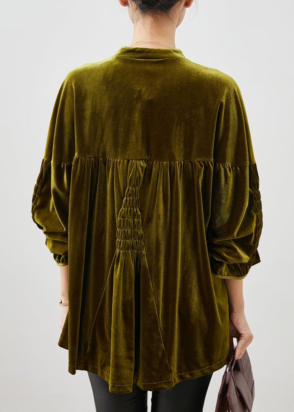 Stylish Army Green Oversized Wrinkled Silk Velour Shirt Spring For Discount - Image 4