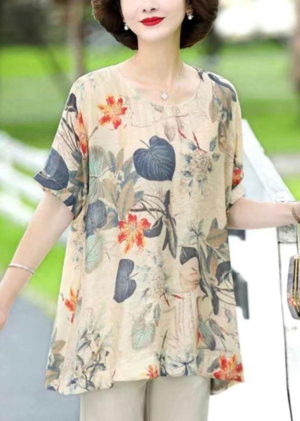 Loose Apricot O Neck Print Cotton T Shirts Short Sleeve Online now - Image 3
