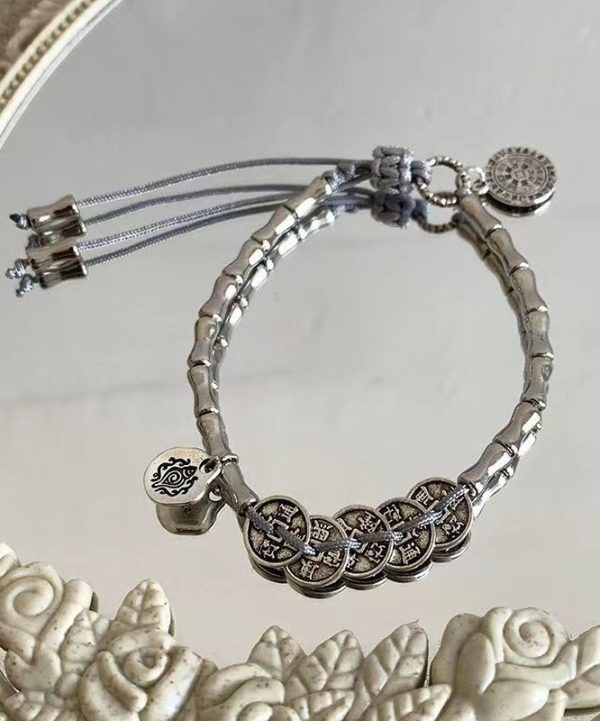 Retro Silk Sterling Silver Five Emperor Coins Tassel Charm Bracelet Online - Image 5