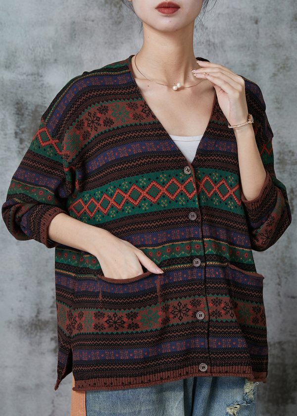 Chocolate Striped Knit Loose Cardigans V Neck Spring For Sale