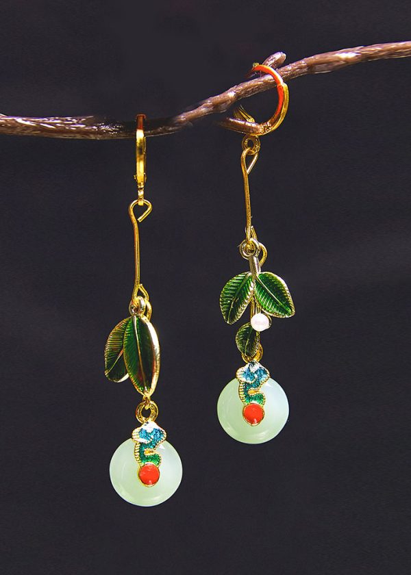 Elegant Metal Green Leaf Circular Jade Drop Earrings Fashion - Image 2