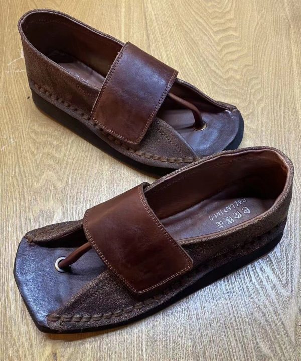 Chocolate Wedge Flip Flops Cowhide Leather Unique Splicing Online now