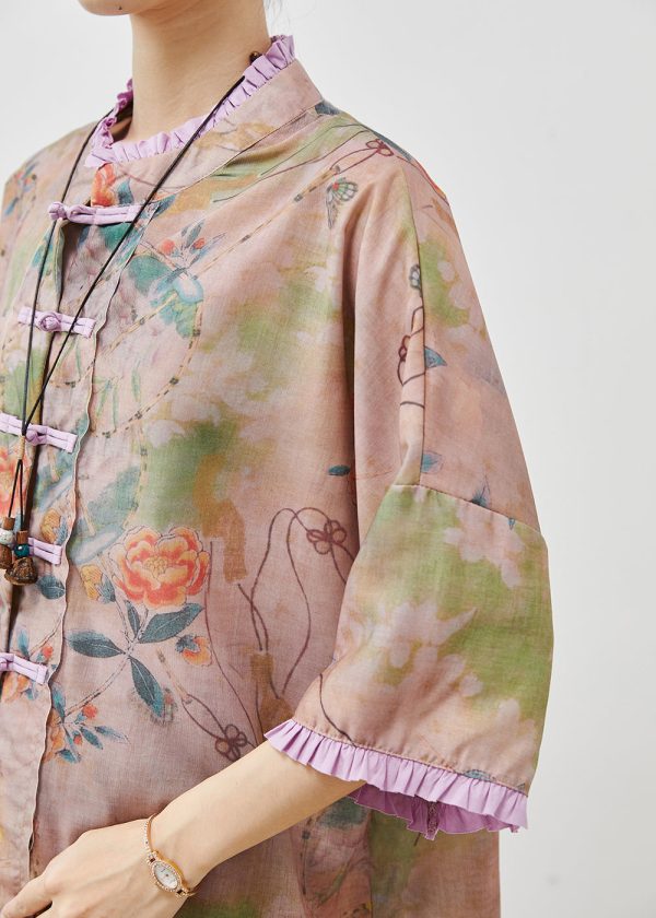 Art Khaki Ruffled Print Chinese Button Linen Blouse Tops Summer Discount - Image 5