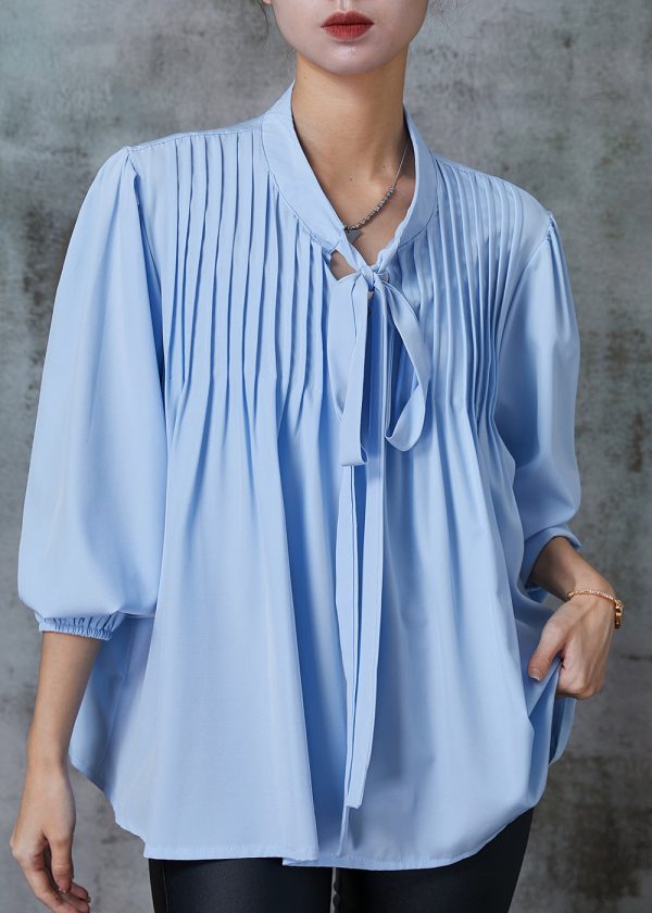 Art Blue Tie Up Wrinkled Cotton Blouse Top Spring Online Sale