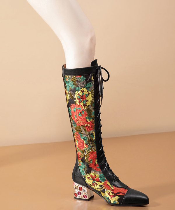 Stylish Black Boots Lace Up Print Genuine Leather Chunky Boots Supply - Image 2