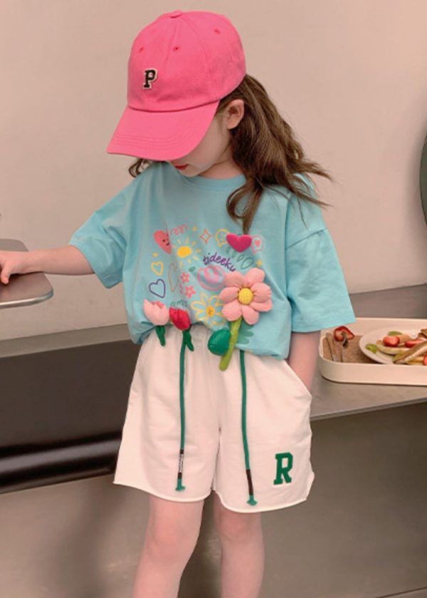 Blue Pockets Cotton Girls Two Pieces Set O Neck Short Sleeve on Sale