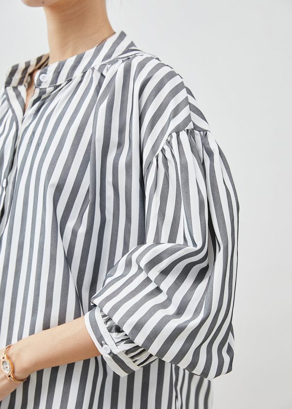 Modern Grey Oversized Striped Cotton Blouses Spring on Sale - Image 5