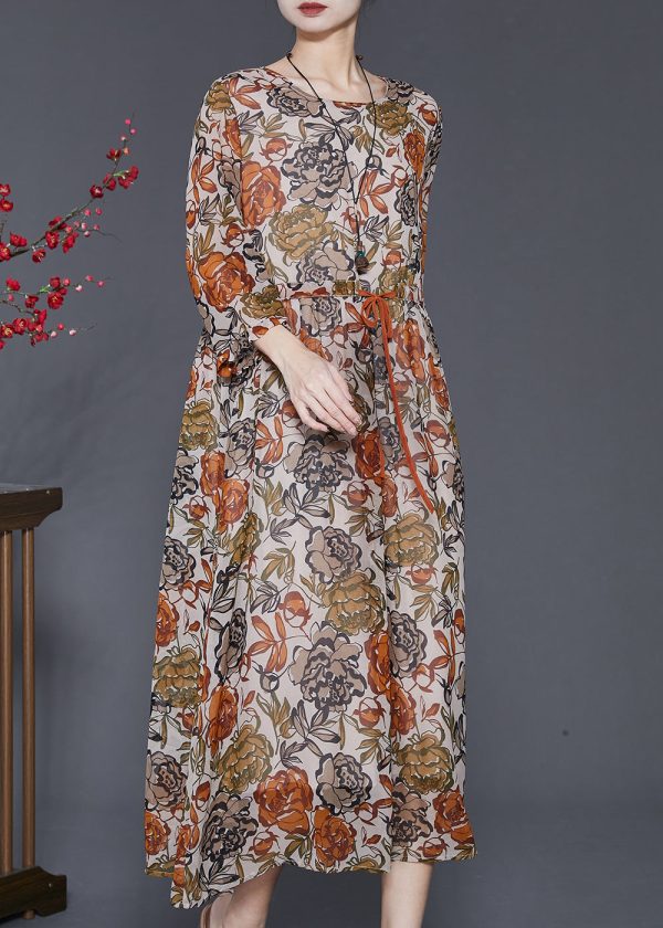 Casual Khaki Cinched Print Silk Dress Bracelet Sleeve Fashion - Image 2