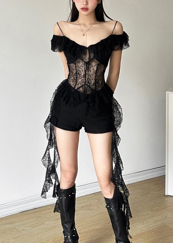 Black Hollow Out Lace Spaghetti Strap Tank Asymmetrical Short Sleeve For Discount - Image 2
