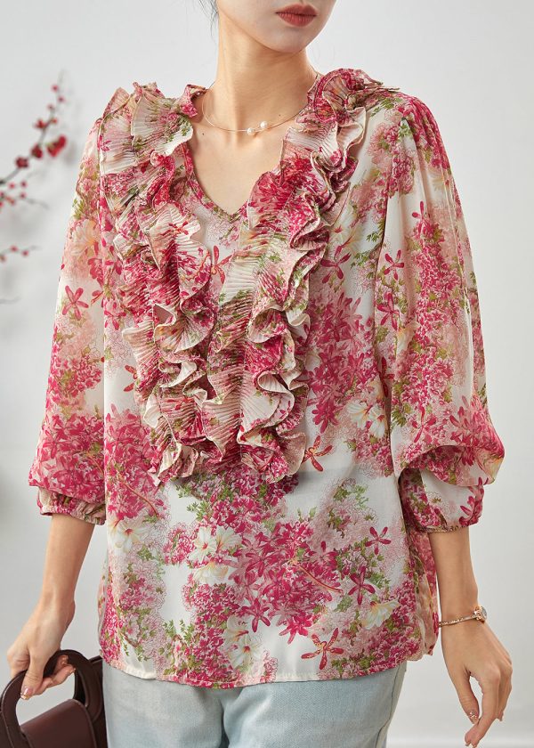 Natural Pink Ruffled Print Chiffon Shirts Spring Online Hot Sale - Image 2
