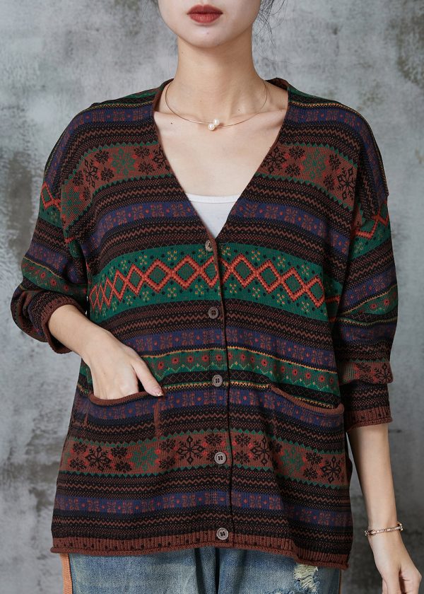 Chocolate Striped Knit Loose Cardigans V Neck Spring For Sale - Image 2