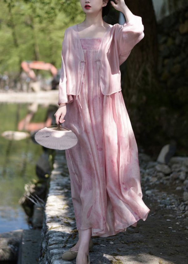 Elegant Pink Button Print Silk Linen Two Pieces Set Long Sleeve Cheap