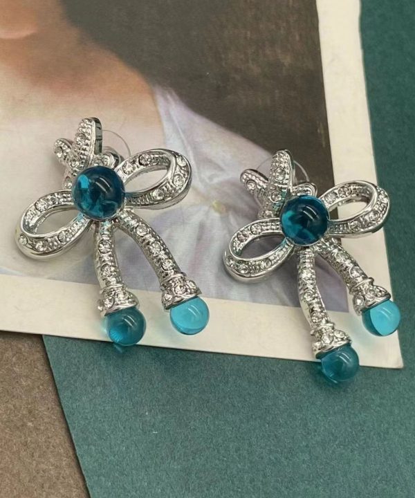 Retro Blue Sterling Silver CrystalColoured Glaze Bow Stud Earrings Online Sale - Image 5
