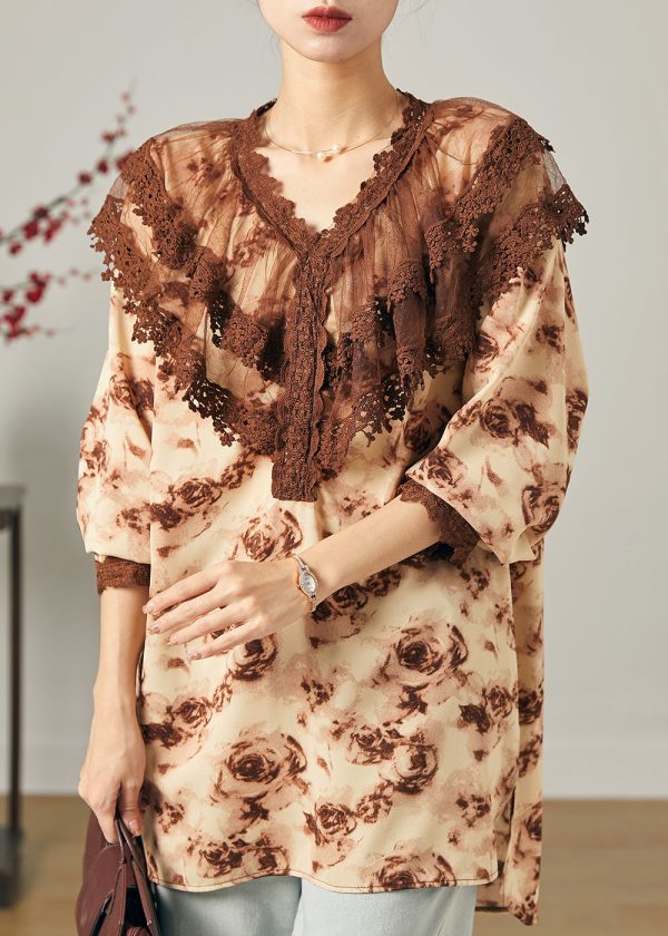 Modern Brown Peter Pan Collar Tie Dye Chiffon Shirts Spring Hot on Sale - Image 2