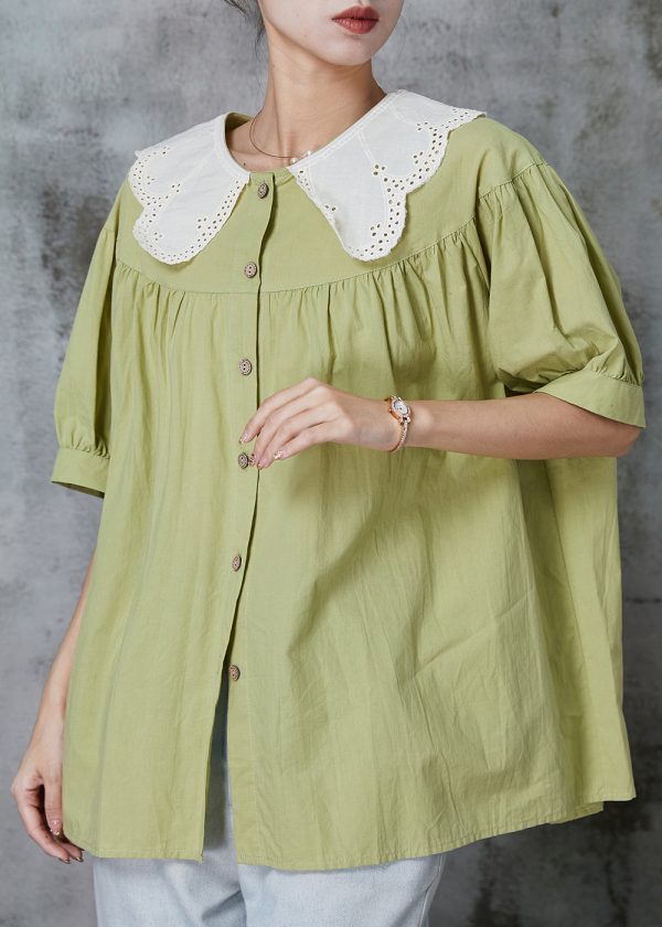 Simple Green Peter Pan Collar Patchwork Cotton Blouse Top Summer For Discount - Image 5
