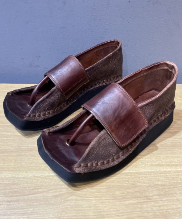 Chocolate Wedge Flip Flops Cowhide Leather Unique Splicing Online now - Image 3