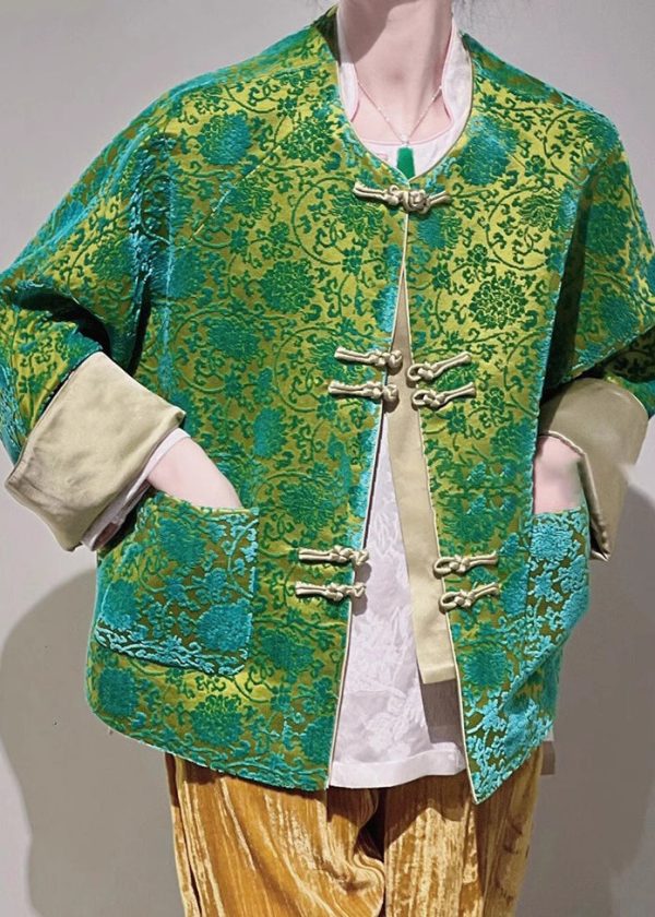 Jacquard Green Button Pockets Silk Blouse Long Sleeve Sale - Image 3