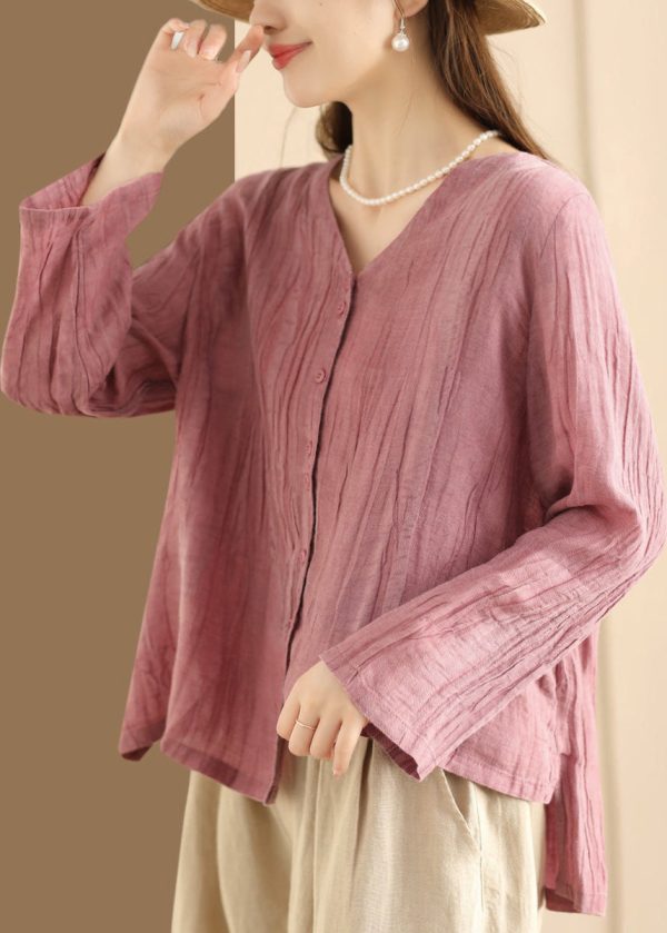 Casual Blue V Neck Button Wrinkled Linen Top Long Sleeve Cheap - Image 3