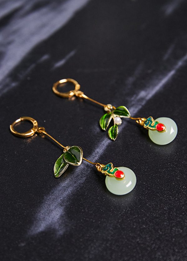 Elegant Metal Green Leaf Circular Jade Drop Earrings Fashion - Image 4