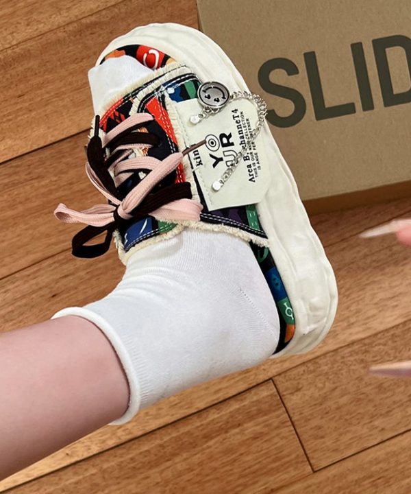 Beige Platform Lace Up Splicing Canvas Slide Sandals Online - Image 4