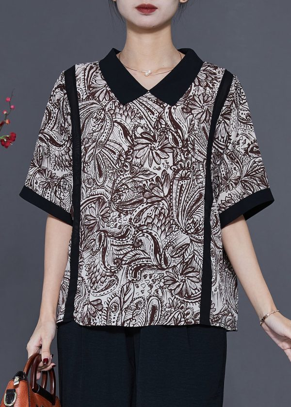 Classy Black Peter Pan Collar Print Chiffon Shirt Top Summer Cheap