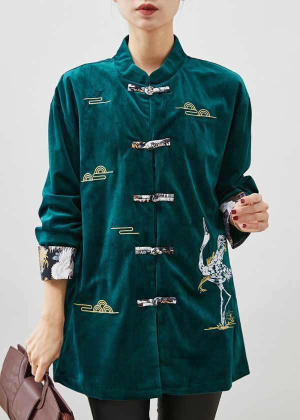 Peacock Green Velour Shirts Embroidered Chinese Button Spring Discount - Image 2