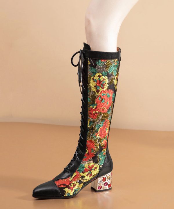 Stylish Black Boots Lace Up Print Genuine Leather Chunky Boots Supply - Image 3