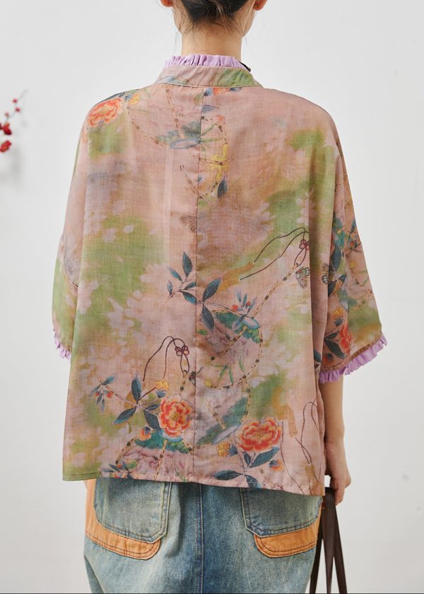Art Khaki Ruffled Print Chinese Button Linen Blouse Tops Summer Discount - Image 4
