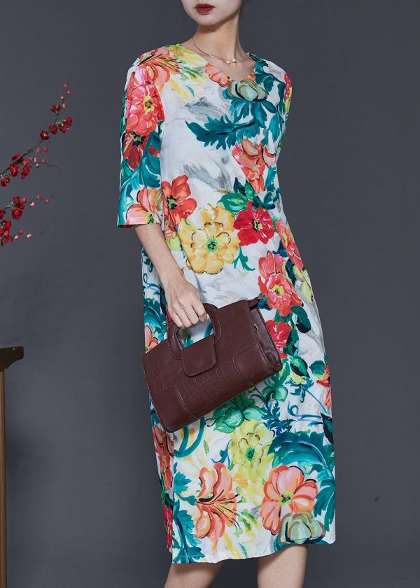 French V Neck Floral Print Silk Dress Half Sleeve Hot on Sale - Image 3