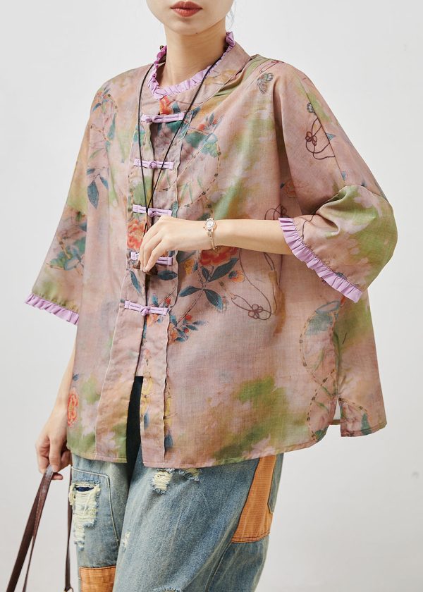 Art Khaki Ruffled Print Chinese Button Linen Blouse Tops Summer Discount