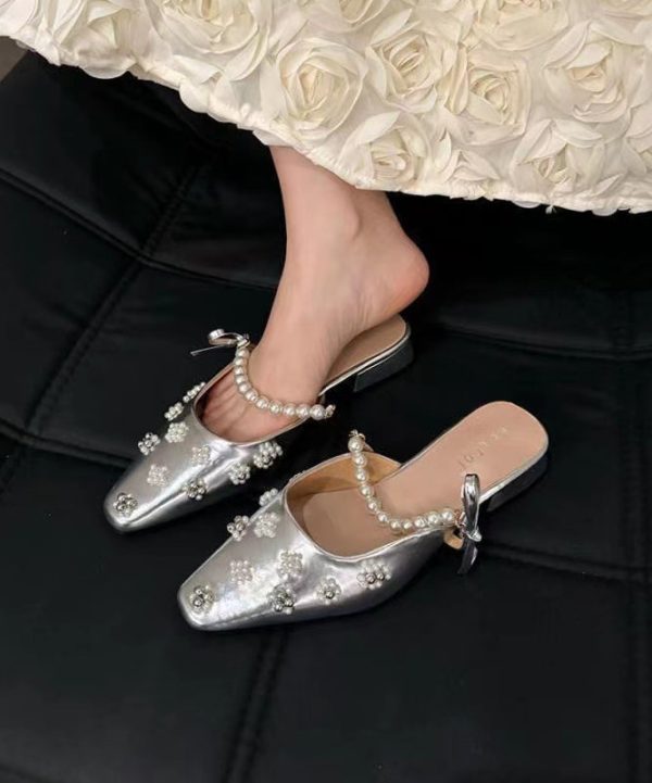 Silver French Nail Bead Splicing Slide Sandals Cheap