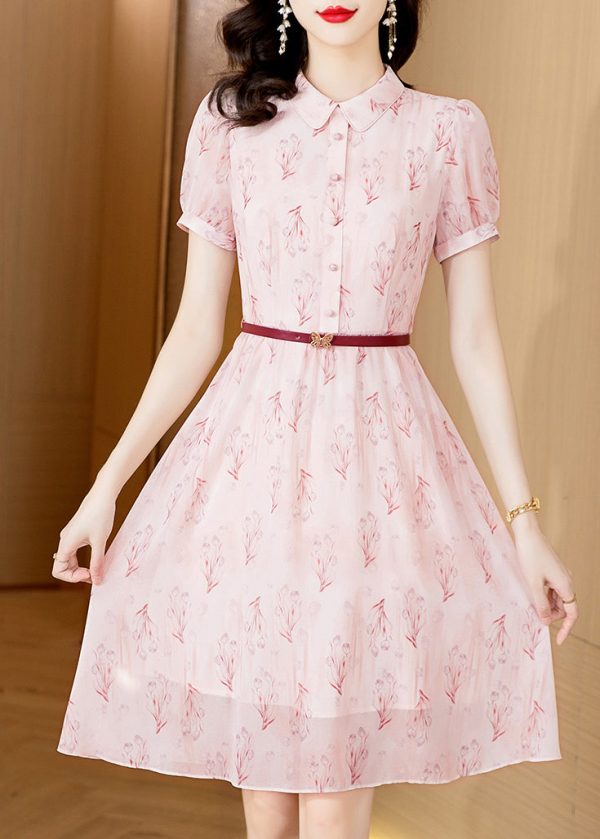 Chic Pink Peter Pan Collar Print Chiffon Shirts Dress Short Sleeve Sale - Image 2
