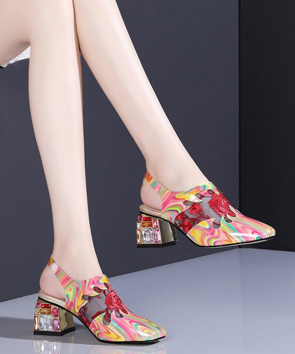 Floral Red Buckle Strap Breathable Mesh Splicing Chunky High Heels Cheap