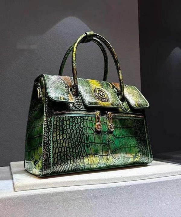 Italian Green Embossed Calf Leather Tote Handbag Hot on Sale - Image 2