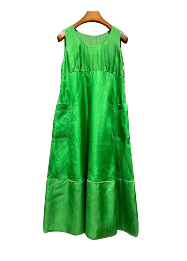Art Green O Neck Pockets Patchwork Silk Dresses Sleeveless For Cheap - Image 5