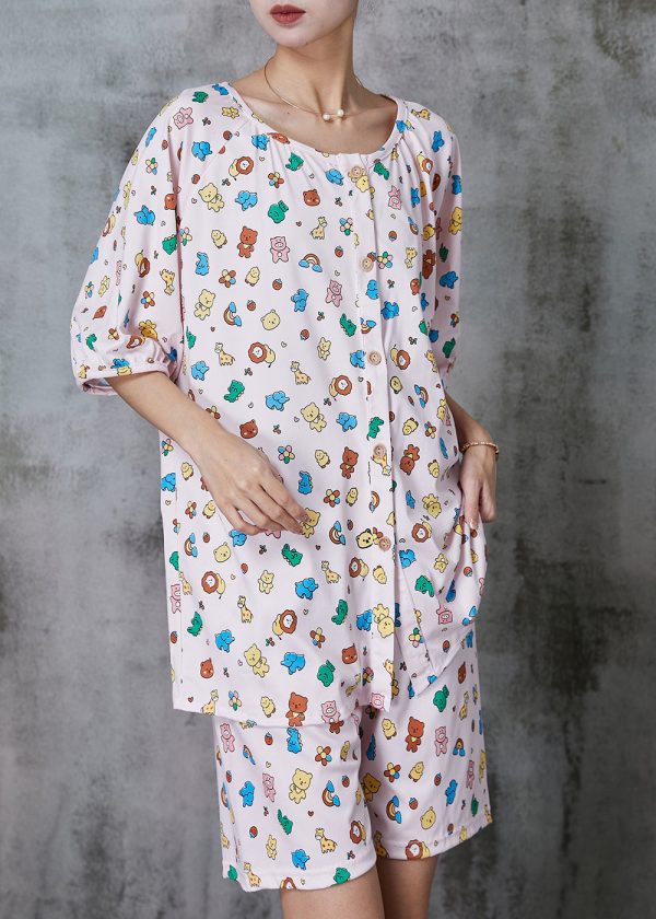 Cute Pink Animal Print Cotton Two Pieces Set Summer Online Sale