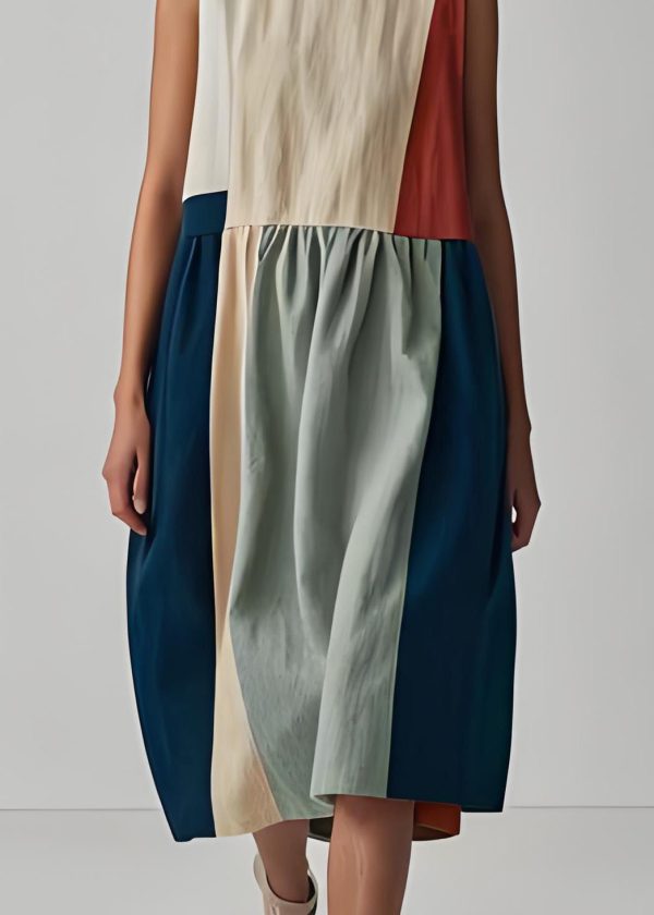 French Colorblock O Neck Wrinkled Patchwork Linen Dress Sleeveless For Sale - Image 5
