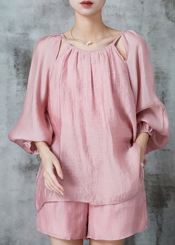 DIY Pink Hollow Out Linen Silk 2 Piece Outfit Summer Cheap