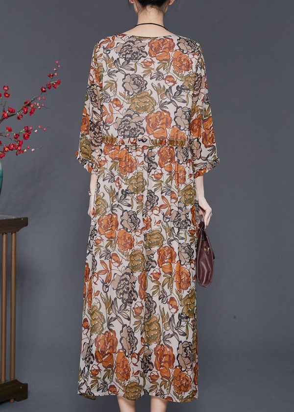 Casual Khaki Cinched Print Silk Dress Bracelet Sleeve Fashion - Image 4