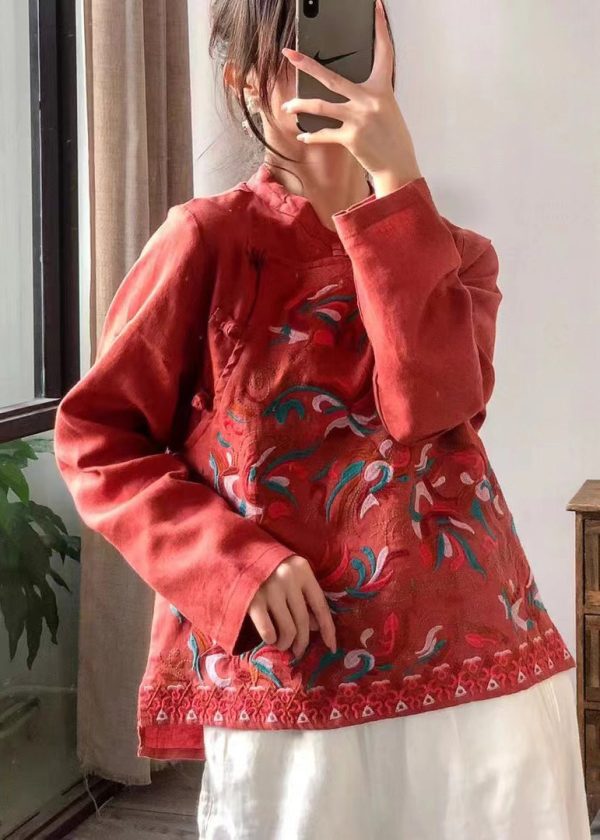 Retro Red Stand Collar Embroidered Linen Shirt Long Sleeve For Cheap