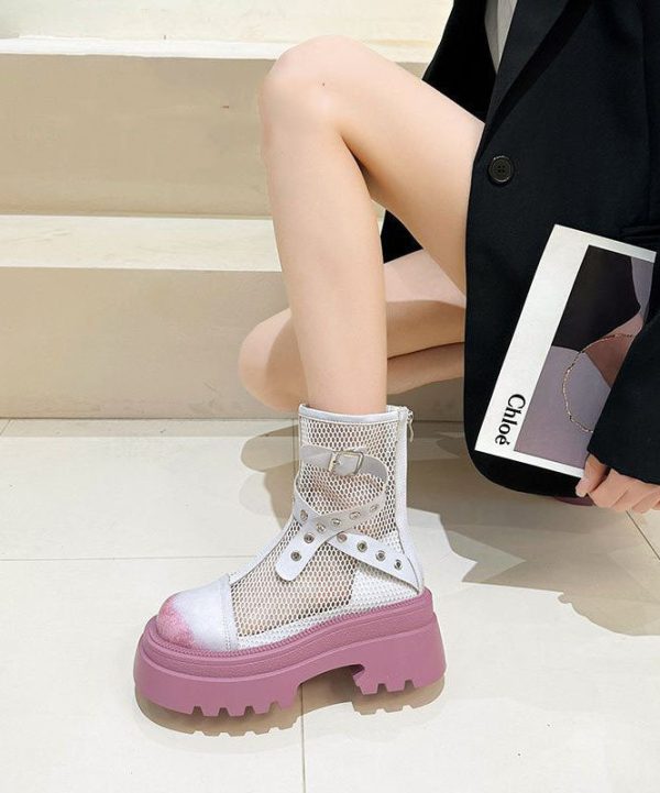 Stylish Splicing Platform Boots Pink Breathable Mesh For Discount