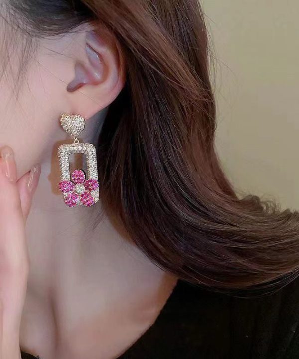 Modern Rose Sterling Silver Overgild Zircon Love Floral Rectangular Shape Drop Earrings Online Hot Sale - Image 3