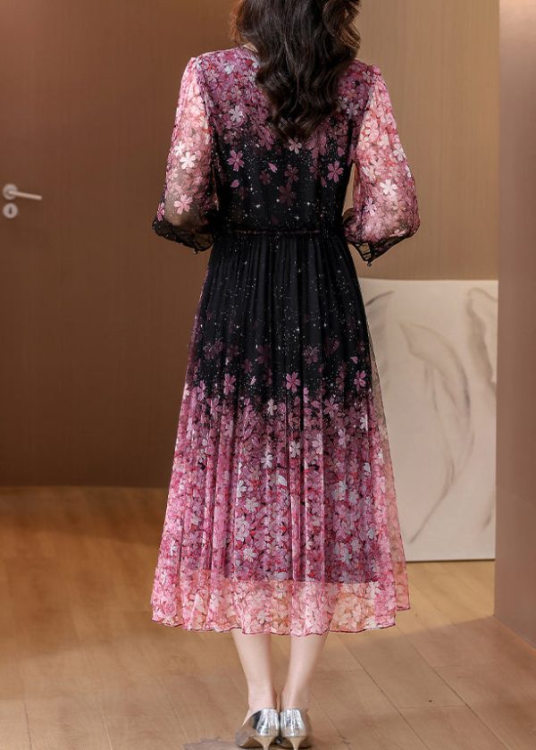 Stylish V Neck Print Drawstring Chiffon Dresses Summer For Sale - Image 4