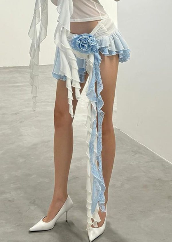 Sexy Blue Asymmetrical Elastic Waist Lace Skirts Summer Online Sale - Image 3